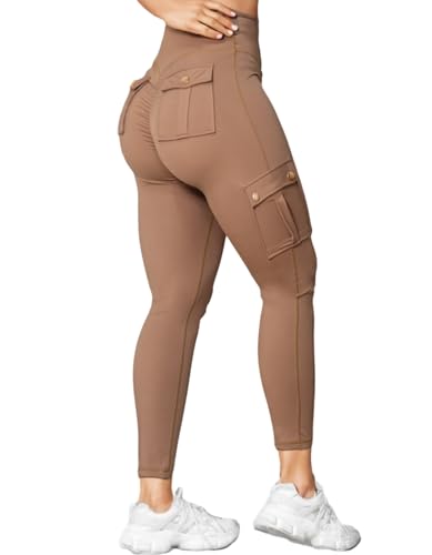 Nuofengkudu Damen Booty Scrunch Butt Leggings Push up Effekt Cargo Tasche High Waist Po Betont Formende Blickdicht Bequeme Gym Sportleggins Sport Hosen Workout Sporthose Jogginghose Kamel L von Nuofengkudu