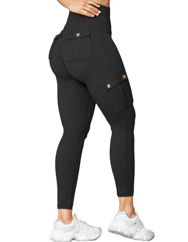 Nuofengkudu Damen Booty Scrunch Butt Leggings Push up Effekt Cargo Tasche High Waist Po Betont Formende Blickdicht Bequeme Gym Sportleggins Sport Hosen Workout Sporthose Jogginghose Schwarz 3XL von Nuofengkudu