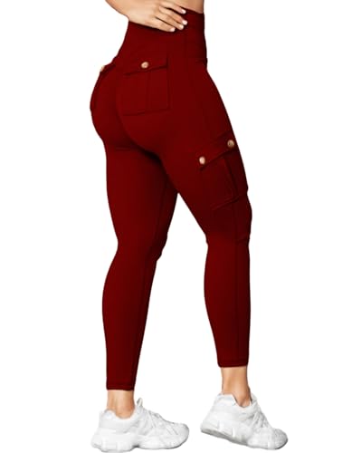 Nuofengkudu Damen Booty Scrunch Butt Leggings Push up Effekt Cargo Tasche High Waist Po Betont Formende Blickdicht Bequeme Gym Sportleggins Sport Hosen Workout Sporthose Jogginghose Weinrot L von Nuofengkudu