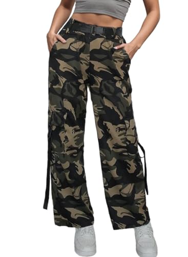 Nuofengkudu Damen Camouflage Hose Cargo Jogginghose Straight Tarnhosen Gummibund 4 Taschen Lockere Trainingshose Combat Freizeithose Sporthosen Bequeme Schlupfhose Teenager Streetwear Grün L von Nuofengkudu