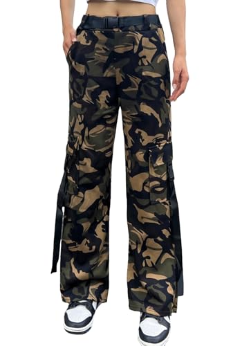 Nuofengkudu Damen Camouflage Hose Cargo Jogginghose Straight Tarnhosen Gummibund 4 Taschen Lockere Trainingshose Combat Freizeithose Sporthosen Bequeme Schlupfhose Teenager Streetwear Grün S von Nuofengkudu