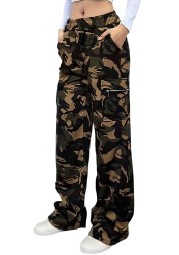 Nuofengkudu Damen Camouflage Weite Hose Cargo Jogginghose Straight Tarnhosen Lang Gummibund Reissverschluss Taschen Lockere Jogging Combat Freizeithose Sporthosen Bequeme Schlupfhose Y2K Grün B L von Nuofengkudu