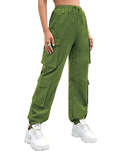 Nuofengkudu Petite Damen Cargo Stretch Harem Hosen Teenager Jugendlich Mädchen Haremshose mit Taschen Gummizug High Waist Knöchellang Jogginghose Jogger Freizeithose Outdoor Mode Casual Grün XL von Nuofengkudu