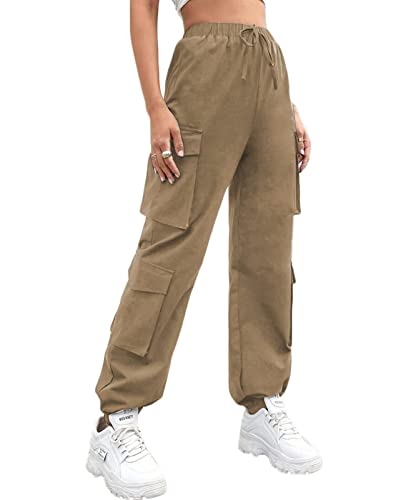 Nuofengkudu Petite Damen Cargo Stretch Harem Hosen Teenager Jugendlich Mädchen Haremshose mit Taschen Gummizug High Waist Knöchellang Jogginghose Jogger Freizeithose Outdoor Mode Casual Khaki 2XL von Nuofengkudu