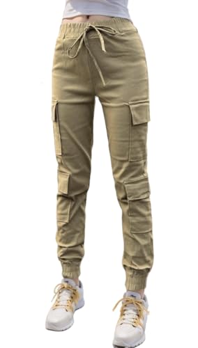Nuofengkudu Petite Damen Cargo Stretch Harem Hosen Teenager Jugendlich Mädchen Haremshose mit Taschen Gummizug High Waist Knöchellang Jogginghose Jogger Freizeithose Outdoor Mode Casual Khaki S von Nuofengkudu