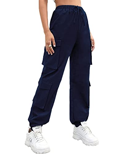 Nuofengkudu Petite Damen Cargo Stretch Harem Hosen Teenager Jugendlich Mädchen Haremshose mit Taschen Gummizug High Waist Knöchellang Jogginghose Jogger Freizeithose Outdoor Mode Casual Marineblau L von Nuofengkudu