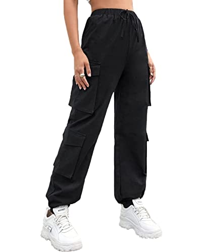 Nuofengkudu Petite Damen Cargo Stretch Harem Hosen Teenager Jugendlich Mädchen Haremshose mit Taschen Gummizug High Waist Knöchellang Jogginghose Jogger Freizeithose Outdoor Mode Casual Schwarz 2XL von Nuofengkudu