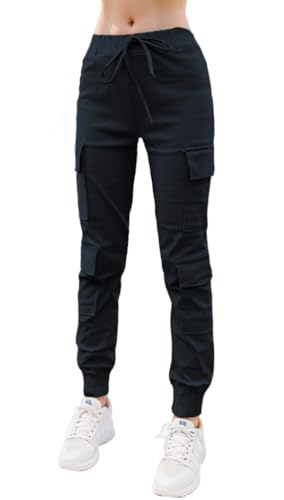 Nuofengkudu Petite Damen Cargo Stretch Harem Hosen Teenager Jugendlich Mädchen Haremshose mit Taschen Gummizug High Waist Knöchellang Jogginghose Jogger Freizeithose Outdoor Mode Casual Schwarz S von Nuofengkudu
