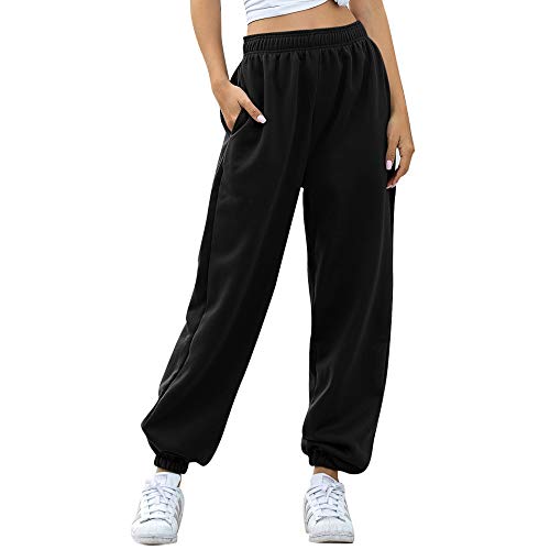 Nuofengkudu Damen Dick Warme Sporthose Laufhosen Jogginghose Gummibund Sweathose Taschen Stoffhose High Waist Hosen Bequeme Lockere Lässige Freizeithose Loungewear Outdoor Winter(Vlies-Schwarz,2XL) von Nuofengkudu