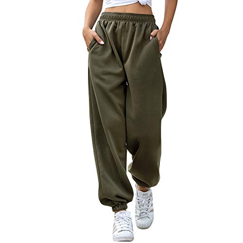 Nuofengkudu Damen Gefüttert Jogginghose Baggy High Waist Gummibund Sporthose Laufhosen Sweathose Taschen Hosen Bequeme Lockere Lässige Freizeithose Loungewear Outdoor Outdoor Winter(Vlies-Grün,M) von Nuofengkudu