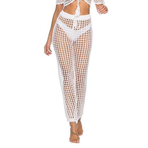 Nuofengkudu Damen Häkeln Hosen High Waist Luftige Bikinihosen Bademode Cover up Elegante Strandhose Weite Sommerhose Urlaub (9330-Weiß, M) von Nuofengkudu