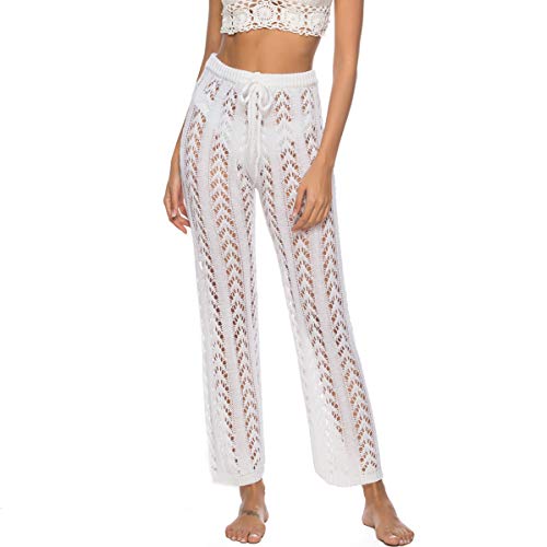 Nuofengkudu Damen Häkeln Hosen High Waist Luftige Bikinihosen Bademode Cover up Elegante Strandhose Weite Sommerhose Urlaub (9333-Weiß, M) von Nuofengkudu