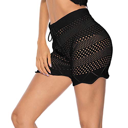 Nuofengkudu Damen Häkeln Kurze Hosen Shorts High Waist Luftige Bikinihosen Bademode Cover up Elegante Strandhose Weite Sommerhose Urlaub(Shorts-9343-Schwarz,M) von Nuofengkudu