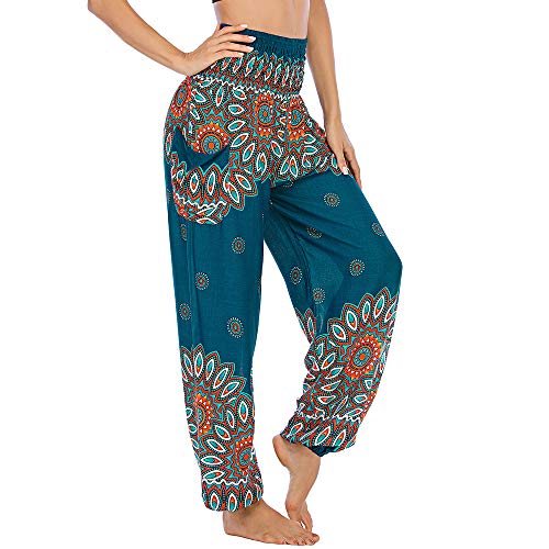 Nuofengkudu Damen Haremshose mit Taschen Boho Gemustert High Waist Leichte Baggy Yogahose Freizeithose Sommer Strand Festlich Pluderhose(W-Grün Blumen,Einheitsgröße) von Nuofengkudu