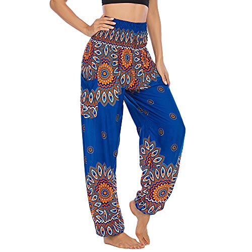 Nuofengkudu Damen Haremshose mit Taschen Boho Gemustert High Waist Leichte Baggy Yogahose Freizeithose Sommer Strand Festlich Pluderhose(W-Navy Blau Blumen,Einheitsgröße) von Nuofengkudu