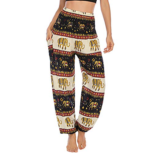 Nuofengkudu Damen Haremshose mit Taschen Boho Gemustert High Waist Leichte Baggy Yogahose Freizeithose Sommer Strand Festlich Pluderhose(W-Schwarz Elefant B,Einheitsgröße) von Nuofengkudu