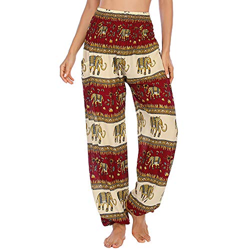 Nuofengkudu Damen Haremshose mit Taschen Boho Gemustert High Waist Leichte Baggy Yogahose Freizeithose Sommer Strand Festlich Pluderhose(W-Weinrot Elefant,Einheitsgröße) von Nuofengkudu