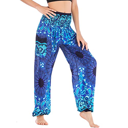 Nuofengkudu Damen Haremshosen High Waist Hippie Muster Baumwolle Pumphosen mit Taschen Leicht Weite Luftige Stoffhose Yogahose Sommerhose Strandhose(Einheitsgröße,Blau Blume) von Nuofengkudu