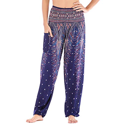 Nuofengkudu Damen Haremshosen High Waist Hippie Muster Baumwolle Pumphosen mit Taschen Leicht Weite Luftige Stoffhose Yogahose Sommerhose Strandhose(Einheitsgröße,Blau Violett Pfau) von Nuofengkudu