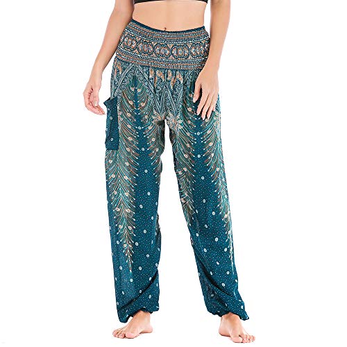 Nuofengkudu Damen Haremshosen High Waist Hippie Muster Baumwolle Pumphosen mit Taschen Leicht Weite Luftige Stoffhose Yogahose Sommerhose Strandhose(Einheitsgröße,D Grün Pfau) von Nuofengkudu