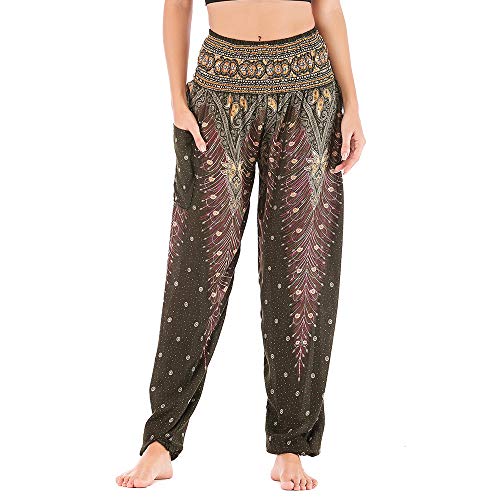 Nuofengkudu Damen Haremshosen High Waist Hippie Muster Baumwolle Pumphosen mit Taschen Leicht Weite Luftige Stoffhose Yogahose Sommerhose Strandhose(Einheitsgröße,Dunkelgrün Pfau) von Nuofengkudu