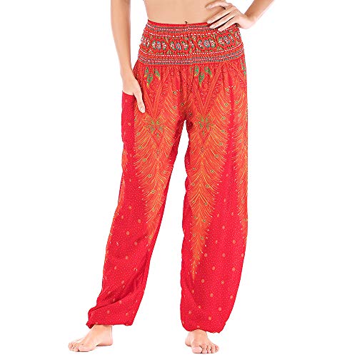 Nuofengkudu Damen Haremshosen High Waist Hippie Muster Baumwolle Pumphosen mit Taschen Leicht Weite Luftige Stoffhose Yogahose Sommerhose Strandhose(Einheitsgröße,Orange Rot Pfau) von Nuofengkudu