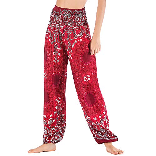 Nuofengkudu Damen Haremshosen High Waist Hippie Muster Baumwolle Pumphosen mit Taschen Leicht Weite Luftige Stoffhose Yogahose Sommerhose Strandhose(Einheitsgröße,Rot Blume) von Nuofengkudu