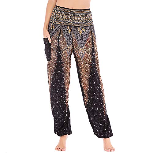 Nuofengkudu Damen Haremshosen High Waist Hippie Muster Baumwolle Pumphosen mit Taschen Leicht Weite Luftige Stoffhose Yogahose Sommerhose Strandhose(Einheitsgröße,Schwarz Pfau) von Nuofengkudu