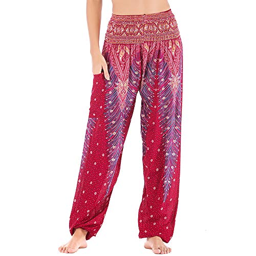 Nuofengkudu Damen Haremshosen High Waist Hippie Muster Baumwolle Pumphosen mit Taschen Leicht Weite Luftige Stoffhose Yogahose Sommerhose Strandhose(Einheitsgröße,Weinrot Pfau) von Nuofengkudu