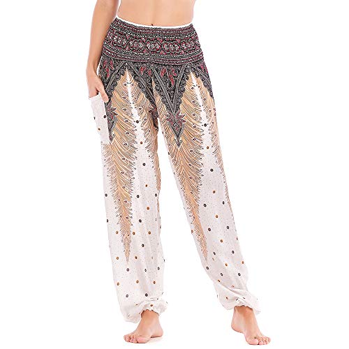 Nuofengkudu Damen Haremshosen High Waist Hippie Muster Baumwolle Pumphosen mit Taschen Leicht Weite Luftige Stoffhose Yogahose Sommerhose Strandhose(Einheitsgröße,Weiß Pfau) von Nuofengkudu