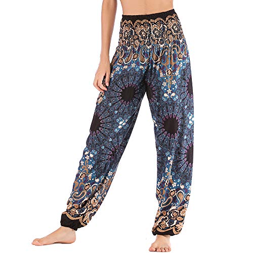 Nuofengkudu Damen Haremshosen High Waist Hippie Muster Pumphosen mit Taschen Leicht Weite Luftige Stoffhose Yogahose Sommerhose Strandhose(Einheitsgröße,Schwarz Blume X) von Nuofengkudu