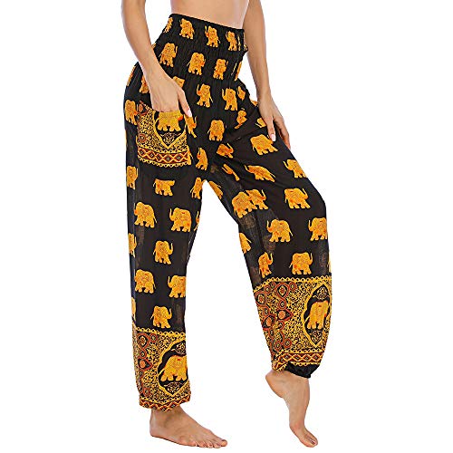 Nuofengkudu Damen Haremshosen High Waist Hippie Muster Pumphosen mit Taschen Leicht Weite Luftige Stoffhose Yogahose Sommerhose Strandhose(Einheitsgröße,W-Schwarz Elefant) von Nuofengkudu