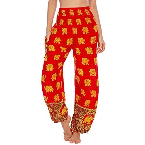 Nuofengkudu Damen Haremshosen High Waist Hippie Muster Pumphosen mit Taschen Leicht Weite Luftige Stoffhose Yogahose Sommerhose Strandhose(Einheitsgröße,W-Z Rot Elefant) von Nuofengkudu