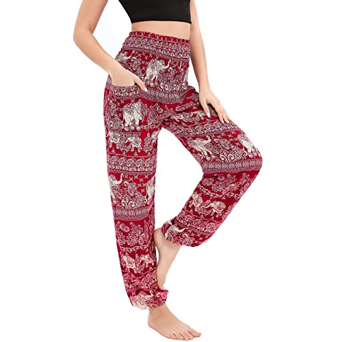 Nuofengkudu Damen Haremshosen High Waist Hippie Muster Pumphosen mit Taschen Leicht Weite Luftige Stoffhose Yogahose Sommerhose Strandhose Elefant Rot Einheitsgröße von Nuofengkudu