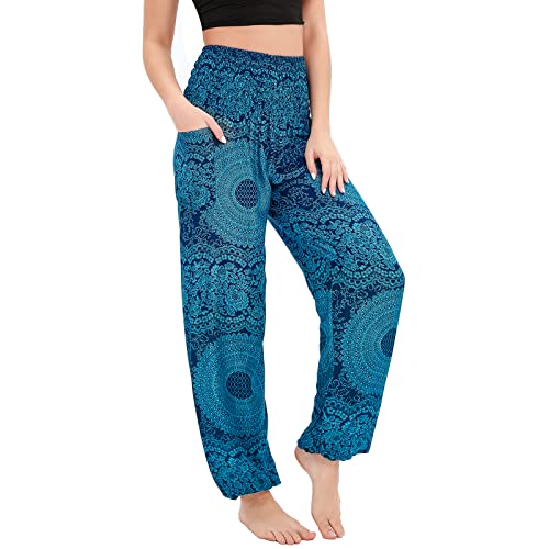 Nuofengkudu Damen Haremshosen High Waist Hippie Muster Pumphosen mit Taschen Leicht Weite Luftige Stoffhose Yogahose Sommerhose Strandhose Rosa Blau Einheitsgröße von Nuofengkudu