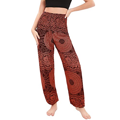 Nuofengkudu Damen Haremshosen High Waist Hippie Muster Pumphosen mit Taschen Leicht Weite Luftige Stoffhose Yogahose Sommerhose Strandhose Rosa Orange Einheitsgröße von Nuofengkudu