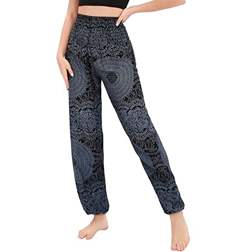 Nuofengkudu Damen Haremshosen High Waist Hippie Muster Pumphosen mit Taschen Leicht Weite Luftige Stoffhose Yogahose Sommerhose Strandhose Rosa Schwarz Einheitsgröße von Nuofengkudu