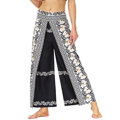 Nuofengkudu Damen High Waist Lockere Hosen mit Schlitz Weites Bein Leichte Luftige Blumenmuster Yogahosen Stoffhose Sommerhose Strandhose Freizeithose Palazzo Yoga Pants W-Blumen Schwarz M von Nuofengkudu