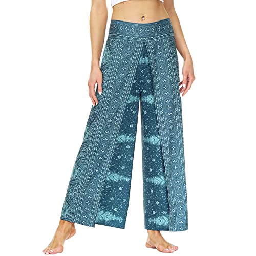 Nuofengkudu Damen High Waist Lockere Hosen mit Schlitz Weites Bein Leichte Luftige Blumenmuster Yogahosen Stoffhose Sommerhose Strandhose Freizeithose Palazzo Yoga Pants W-Pfau Blau XL von Nuofengkudu