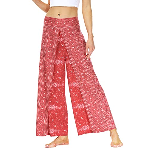 Nuofengkudu Damen High Waist Lockere Hosen mit Schlitz Weites Bein Leichte Luftige Blumenmuster Yogahosen Stoffhose Sommerhose Strandhose Freizeithose Palazzo Yoga Pants W-Pfau Rot XL von Nuofengkudu