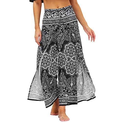 Nuofengkudu Damen High Waist Lockere Hosen mit Schlitz Weites Bein Leichte Luftige Blumenmuster Yogahosen Stoffhose Sommerhose Strandhose Freizeithose Palazzo Yoga Pants X-Blume Schwarz M von Nuofengkudu