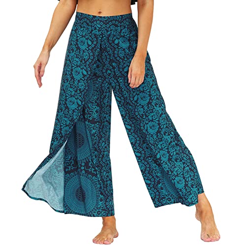 Nuofengkudu Damen High Waist Lockere Hosen mit Schlitz Weites Bein Leichte Luftige Blumenmuster Yogahosen Stoffhose Sommerhose Strandhose Freizeithose Palazzo Yoga Pants X-Rosa Dunkelblau M von Nuofengkudu