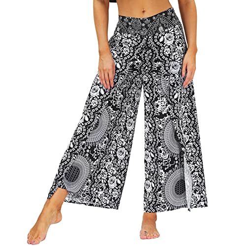 Nuofengkudu Damen High Waist Lockere Hosen mit Schlitz Weites Bein Leichte Luftige Blumenmuster Yogahosen Stoffhose Sommerhose Strandhose Freizeithose Palazzo Yoga Pants X-Rosa Schwarz M von Nuofengkudu