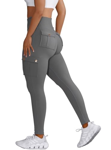 Nuofengkudu Damen Sport Cargo Leggings mit Taschen High Waist Stretch Cargohose Eng Hosen Push up Sportleggins Stretch Jeggings Gym Fitness Outdoor Workout Sporthose Y-Dunkelgrau M von Nuofengkudu