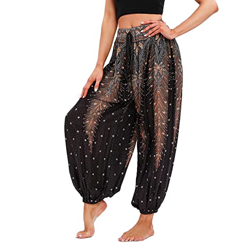 Nuofengkudu Damen Hippie Harem Hose mit Gummizug Große Größen Haremshose Baggy Pumphose Cozy Yoga Sommerhosen Locker Knöchel Pluderhose Sommer Strandhose Freizeithose Festival Pfau Schwarz von Nuofengkudu