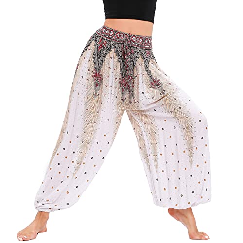 Nuofengkudu Damen Hippie Harem Hose mit Gummizug Große Größen Haremshose Baggy Pumphose Cozy Yoga Sommerhosen Locker Knöchel Pluderhose Sommer Strandhose Freizeithose Festival Pfau Weiß von Nuofengkudu