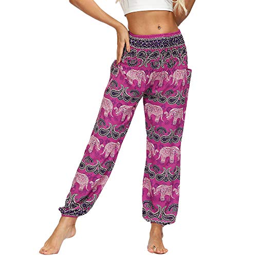 Nuofengkudu Damen Hippie Harems Hose Pumphose Haremshose Aladdinhosen Boho Gemustert Gesmockte Taille mit Taschen Yogahose Freizeithose Sommerhose Strandhose(Y-Elefant Rose,One Size) von Nuofengkudu