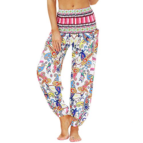 Nuofengkudu Damen Hippie Harems Hose Pumphose Haremshose Aladdinhosen Boho Gemustert Gesmockte Taille mit Taschen Yogahose Freizeithose Sommerhose Strandhose(Y-Muster A,One Size) von Nuofengkudu
