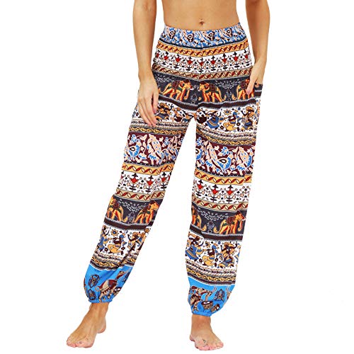 Nuofengkudu Damen Hippie Harems Hose Pumphose Haremshose Aladdinhosen Boho Gemustert Gesmockte Taille mit Taschen Yogahose Freizeithose Sommerhose Strandhose(Y-Muster B,One Size) von Nuofengkudu