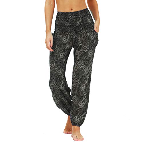 Nuofengkudu Damen Hippie Harems Hose Pumphose Haremshose Aladdinhosen Boho Gemustert Gesmockte Taille mit Taschen Yogahose Freizeithose Sommerhose Strandhose(Y-Muster C,One Size) von Nuofengkudu